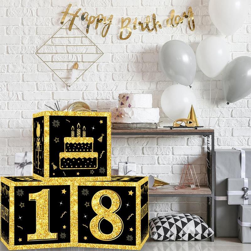 Happy Birthday Box Black Gold 18th 30th 40th 50th 60th Happy Birthday Decorations for Home Adults Party Decor Gift Supplies
