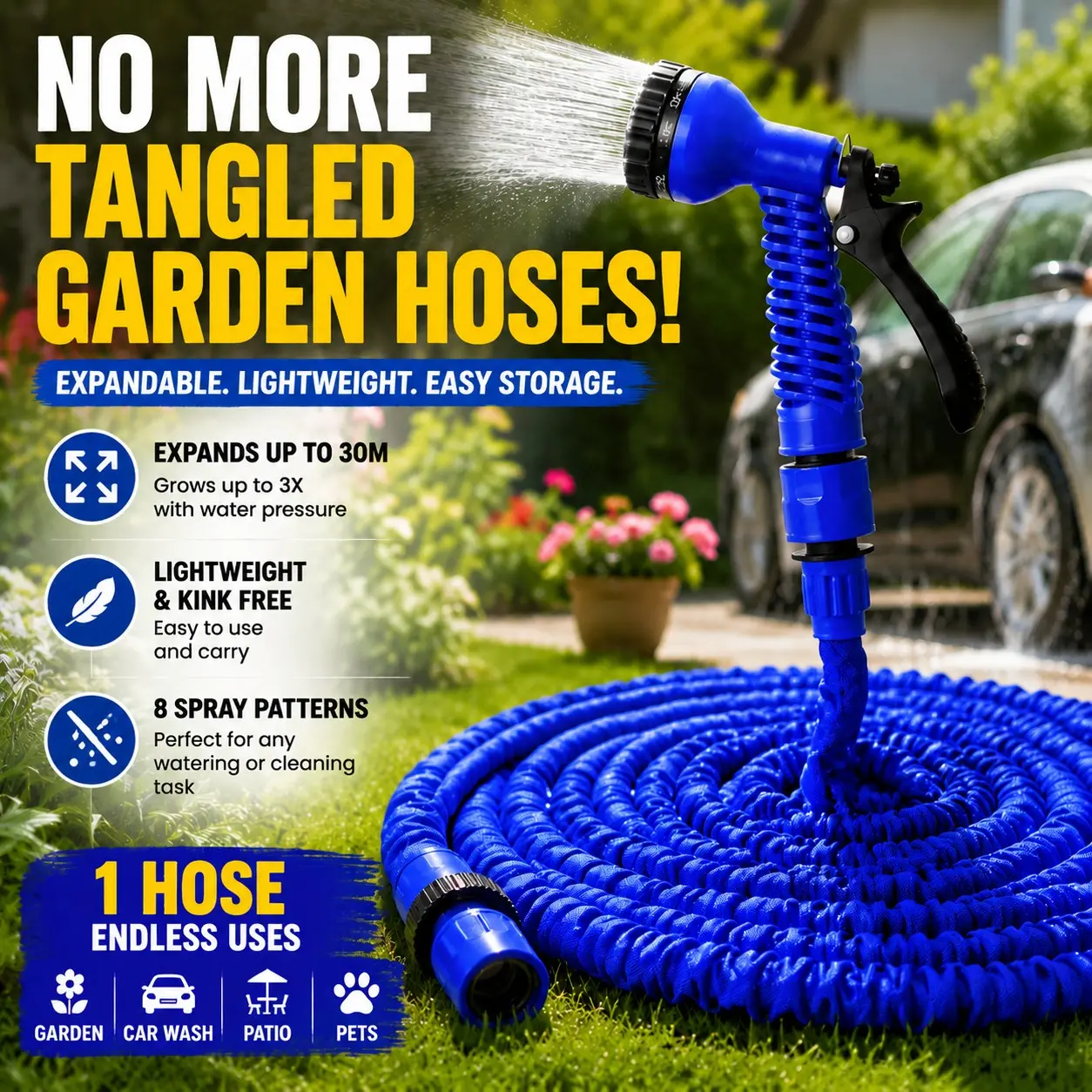 30M Expandable Garden Hose with 8 Pattern Spray Nozzle, Lightweight Kink Free Water Hose for Lawn, Garden, Plants, Car Wash & Patio Cleaning