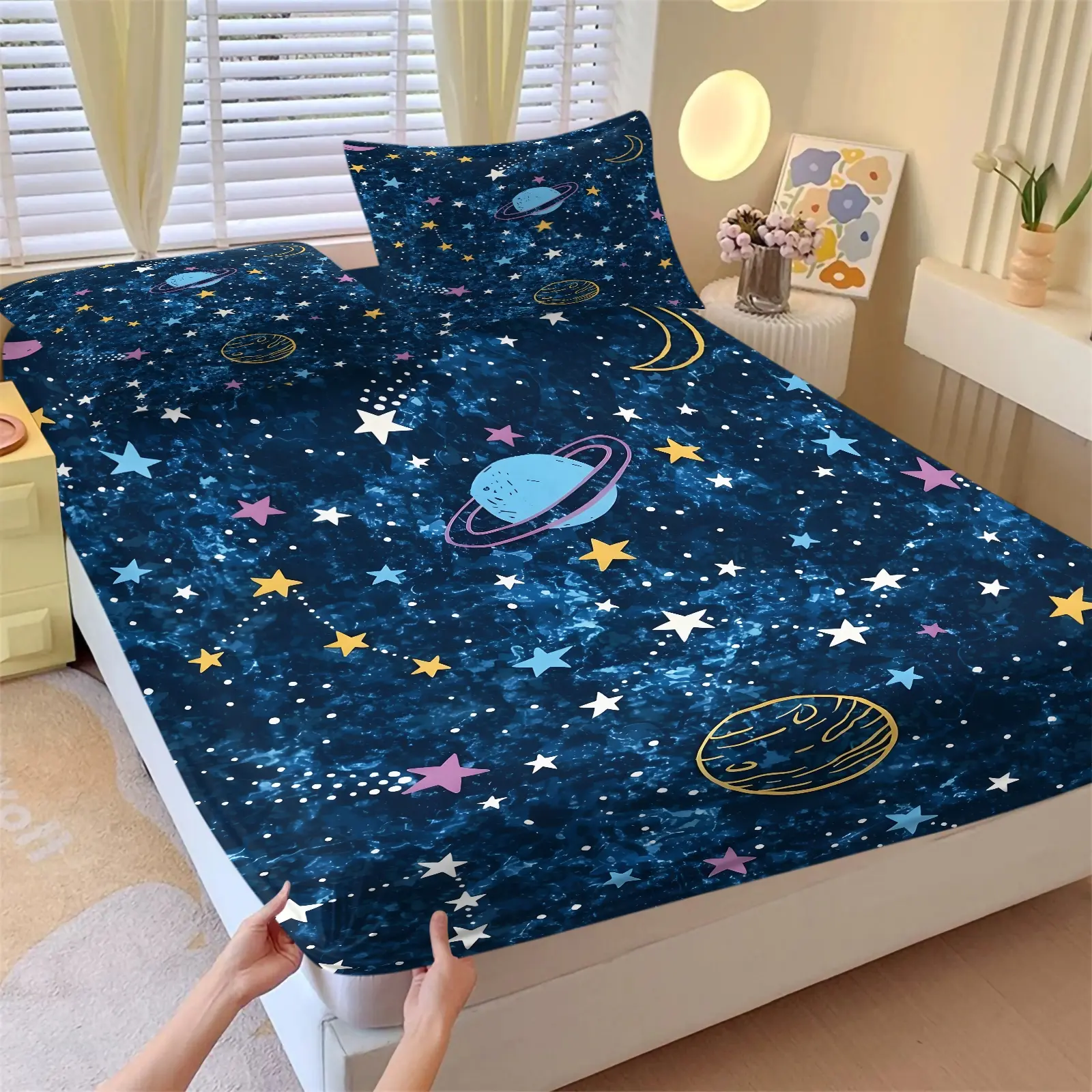 Watercolor Starry Sky Planet Print Fitted Sheet Set 3 Piece with 2 Pillowcases,Galaxy Star Breathable Bedding All Size, Planet Moon Star Soft Bed Set, Non-slip Elastic Mattress Protector, Boys Girls Bedroom Decor or Gift