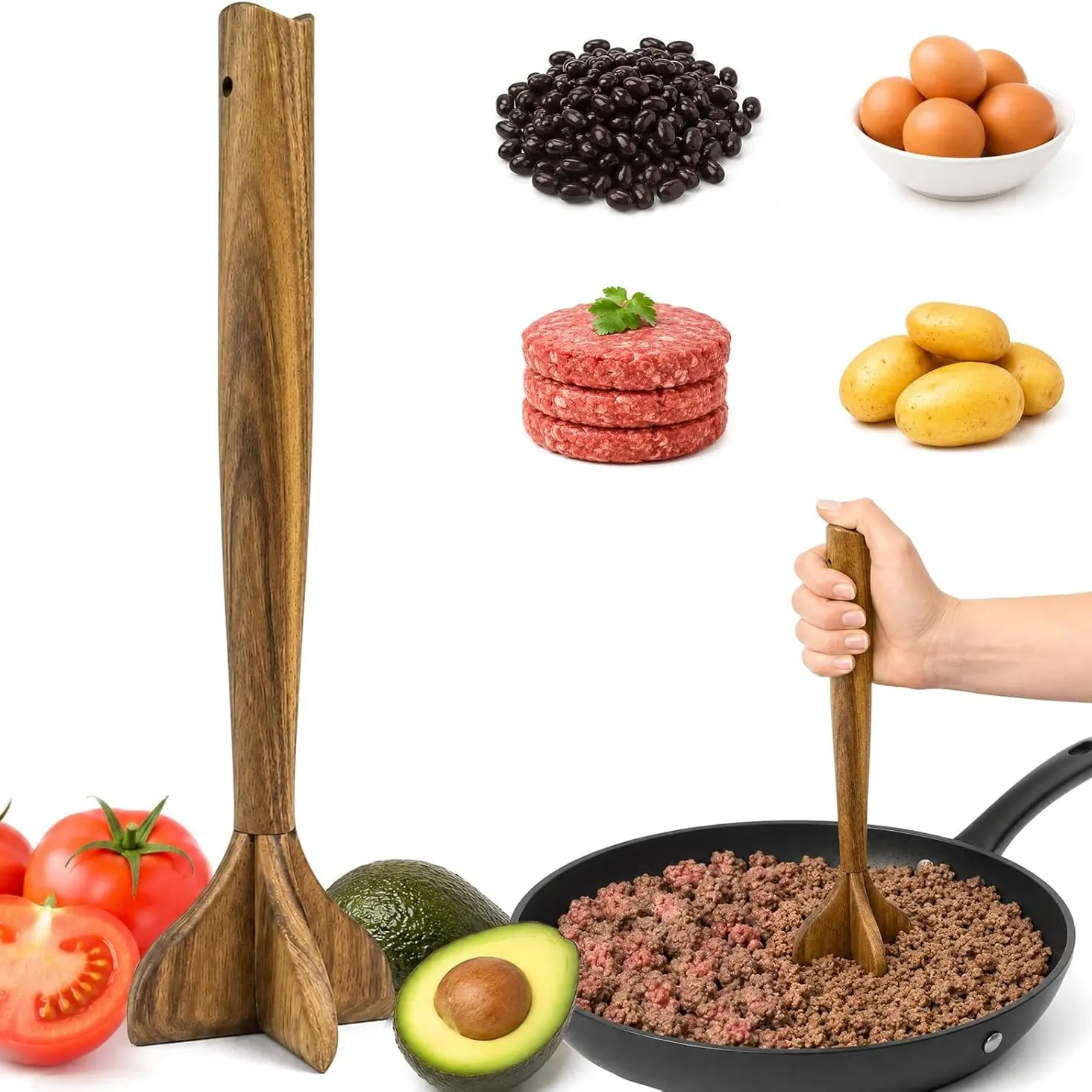 Wooden Meat Masher, Acacia Wood Meat Chopper for Ground Beef, 11 Inch Hamburger Smasher Tool, Manual Burger Potato Masher Kitchen Gadgets