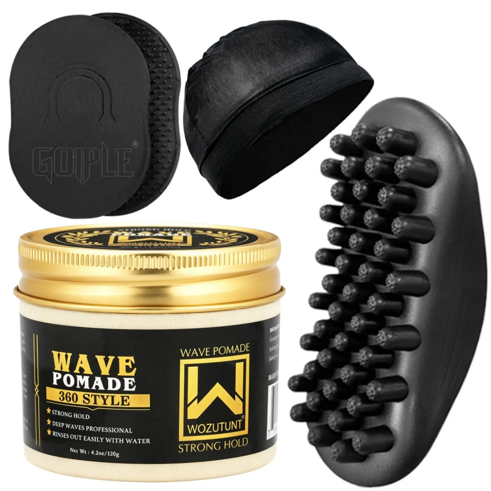 5pcs 360 Wave Pomade, Men's Hair Styling Paste for Wave Hairstyles. Residue‑free & long‑lasting, ideal for wave‑prone hair. Equipped with wave brush, silky durag and breathable wave cap. Portable men’s styling tool kit