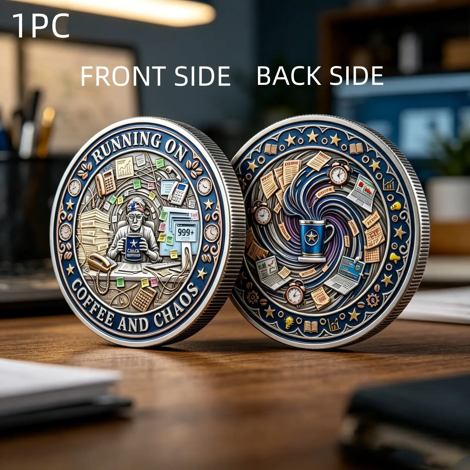 1PC Running On Coffee And Chaos Challenge Coin Productivity Survival Token Gift For Office Worker Student Entrepreneur Coworker Birthday Holiday Home Office Desk Decor 3D Relief Collectible Commemorative and Decorative Collectibles
