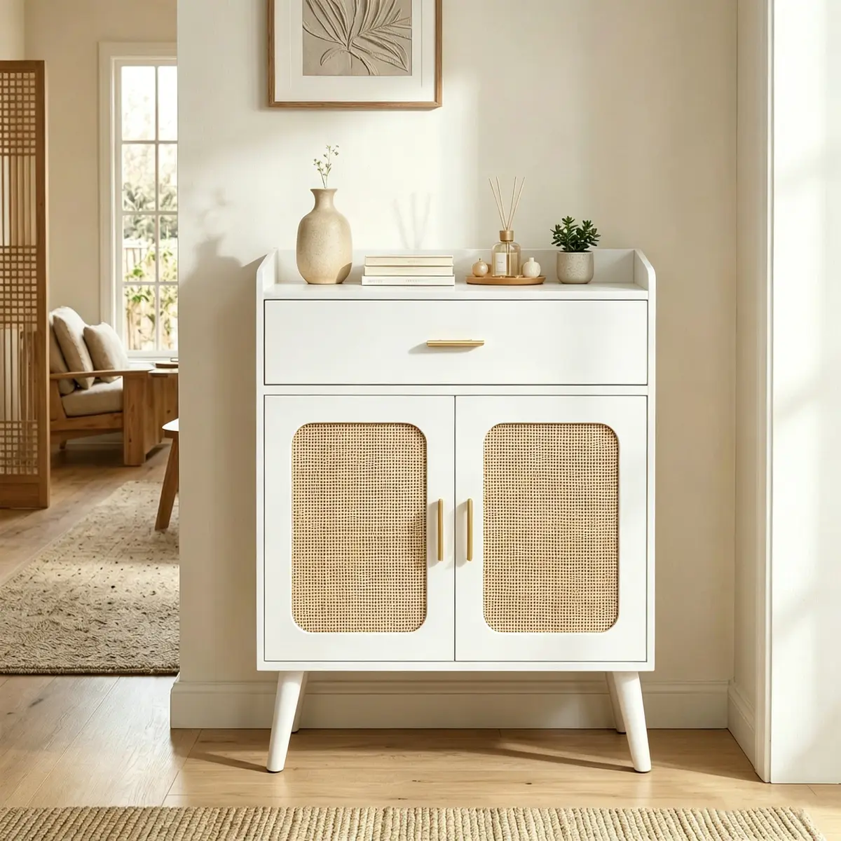 Farmhouse White Kitchen Storage Cabinet - Solid Wood Legs Floor Sideboard with 1 Drawer & 2 Doors for Living Room, Dining Room, Bathroom