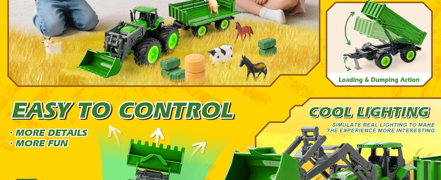Remote Control Tractor Toy, Kids RC Tractor Set with Truck & Trailer and Light/Loading/8 Wheel, 2.4 Ghz RC Farm Vehicle Toys, Animal Farm Kids Toy for 3 4 5 6 7 8 9 Year Old Boys Girls Birthday Gift