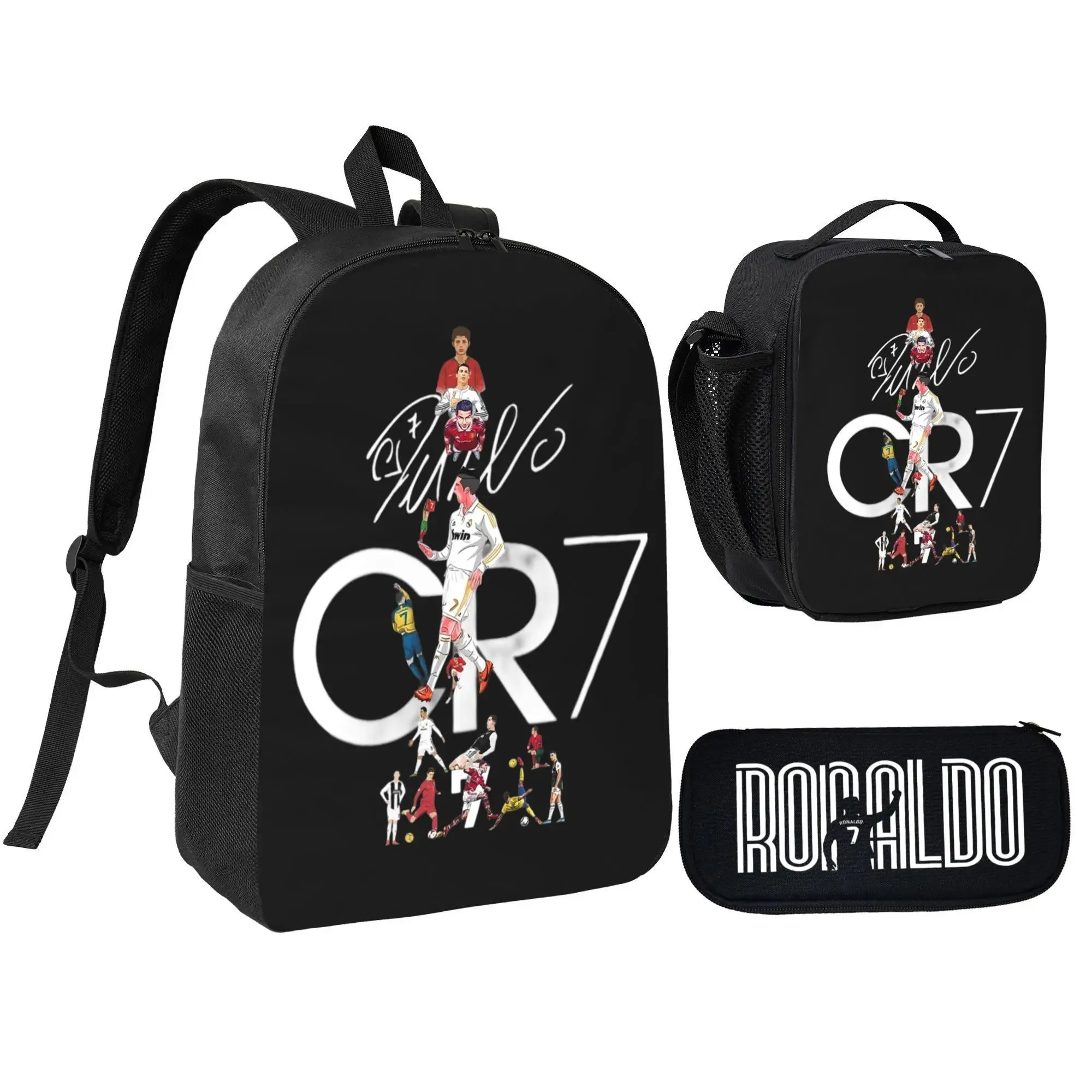 CR7 3 Piece Backpack Set Polyester Backpack Lunch Bag Pencil Case Large Capacity Lightweight Breathable Cartoon Gaming Bookbag Back To School Travel Daily Use For Kids Boys Girls Teens Students