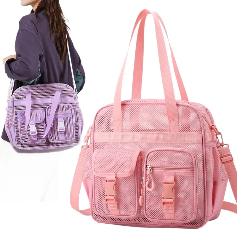 Premium Pink Mesh Fabric Gym Tote Bag - Quick-Drain, Multi-Pocket, Large-Capacity, Hollow-Out, Lightweight Breathable Unisex Storage Organizer for Beach Gym