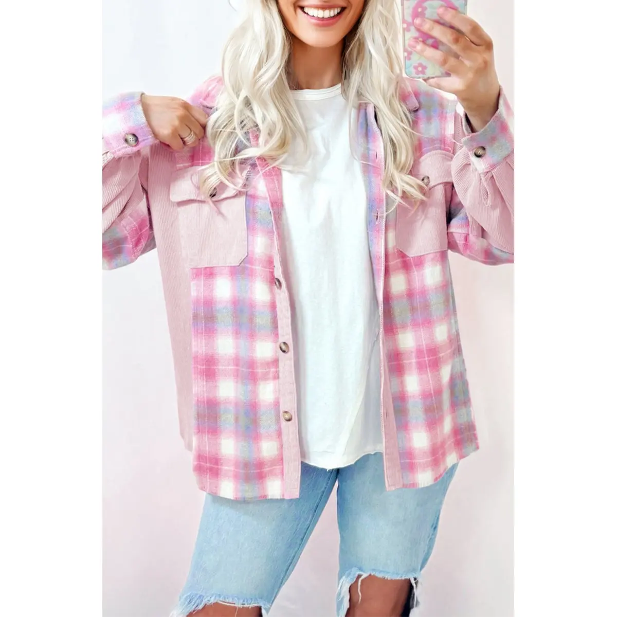Women's Plaid Corduroy Shacket Brushed Fabric Patchwork Flap Pocket Button Front Casual Overshirt Jacket