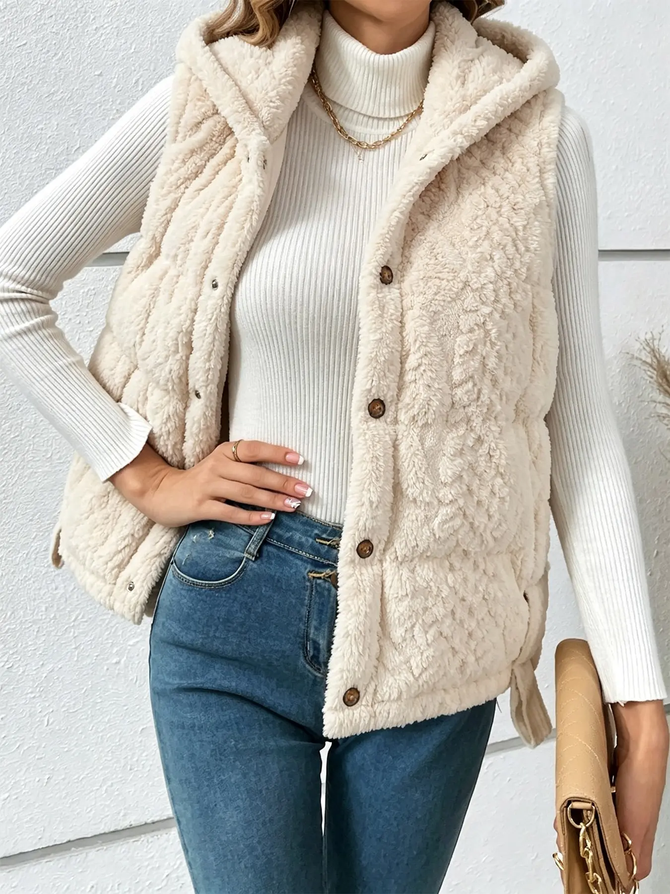 Quiet Luxury Cabin Core, Women Hooded Fleece Vest Jacket, Cable Textured Sherpa Sleeveless Button Down Gilet Coat, Thick Warm Plush Teddy Fleece Thermal Layering Waistcoat With Side Pockets, Loose Fit Collared Hoodie Vest Outerwear, Womenswear
