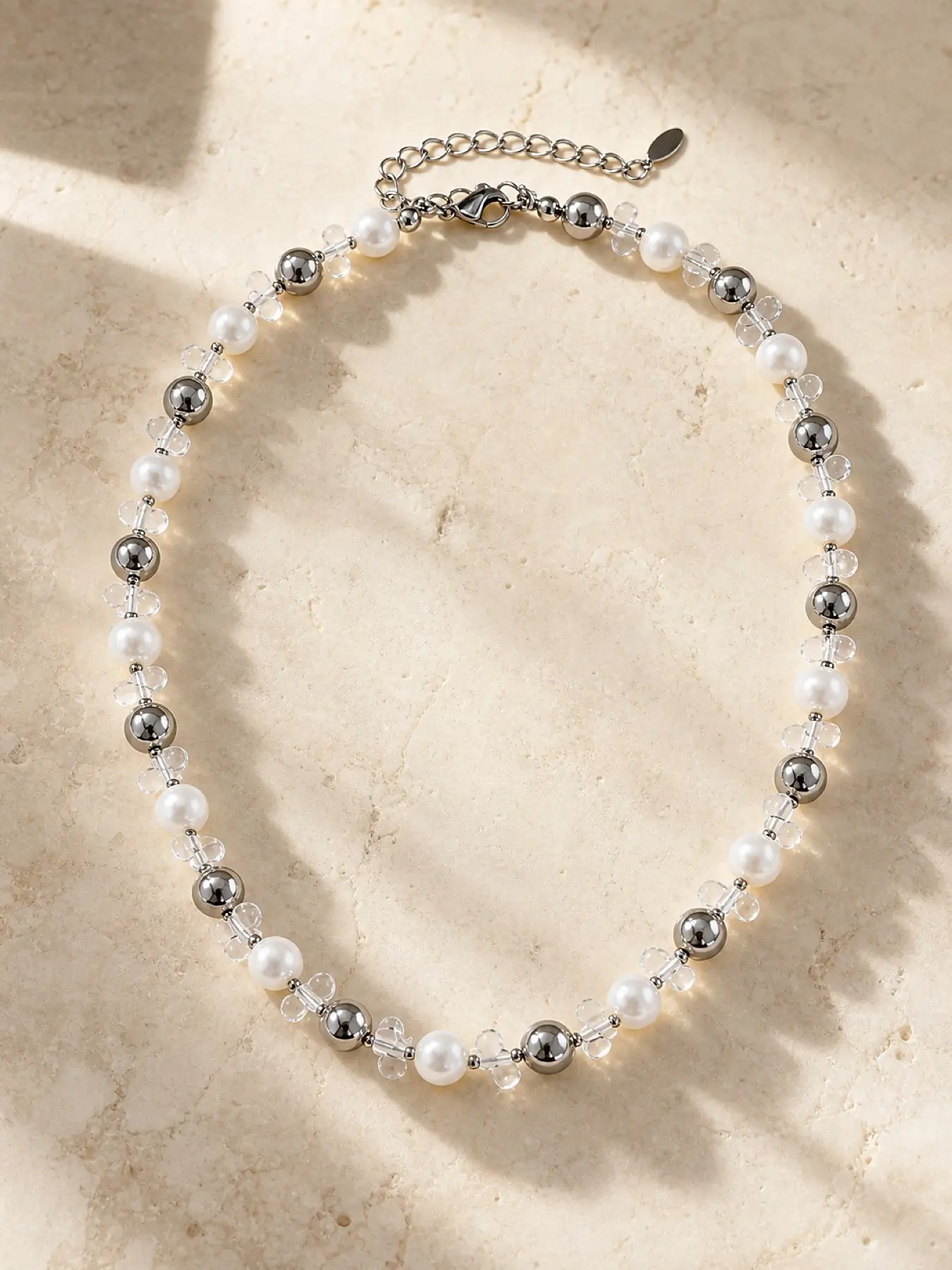 Deep Silver Beads and Transparent Petal Alternating Bead Necklace, Elegant Jewelry Design, Perfect for Special Occasions