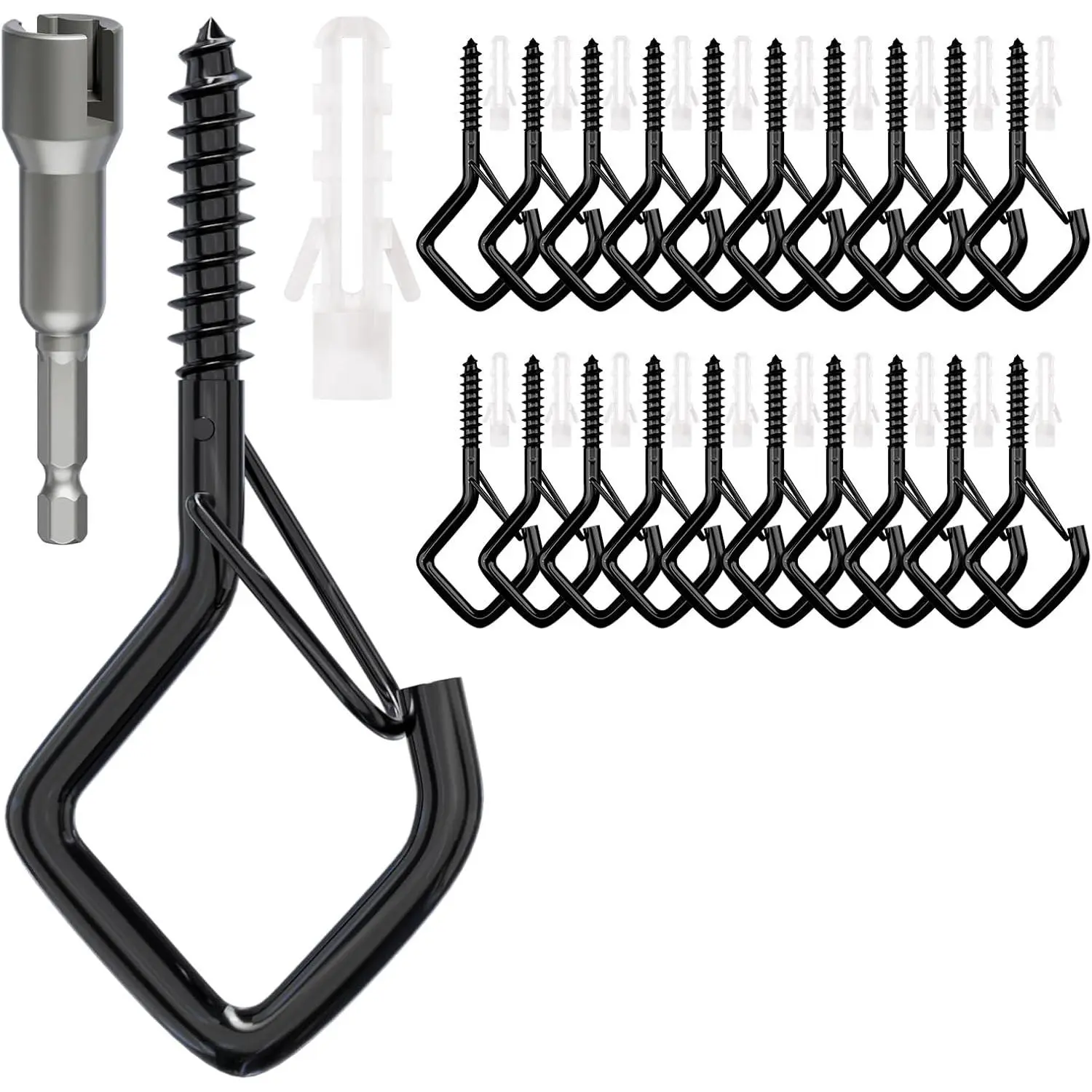 20 PCS Screw Hooks with Safety Buckle, Heavy Duty Ceiling Hooks for Hanging Outdoor String Lights, Plants, Wind Chimes, 2.36 inches, Black