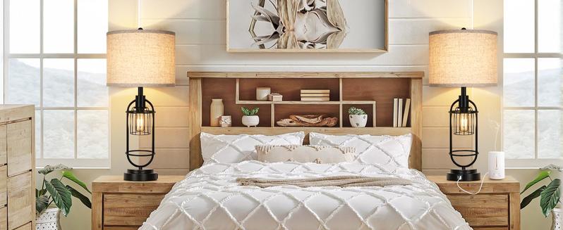 Set of 2 Table Lamps for Living Room with USB Ports, 29" Tall 2-Light Bedside Lamps, Farmhouse Nightstand Lamp with Cream Fabric Shade, Industrial Desk Lamp for Bedroom End Table Reading Lamp E26 Base