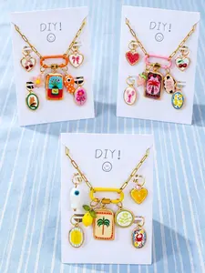 Summer Tropical DIY Enamel Pendant Necklace Set, Detachable Fruit Fish Starfish Palm Tree Pendants, Paperclip Chain and Carabiner Clip