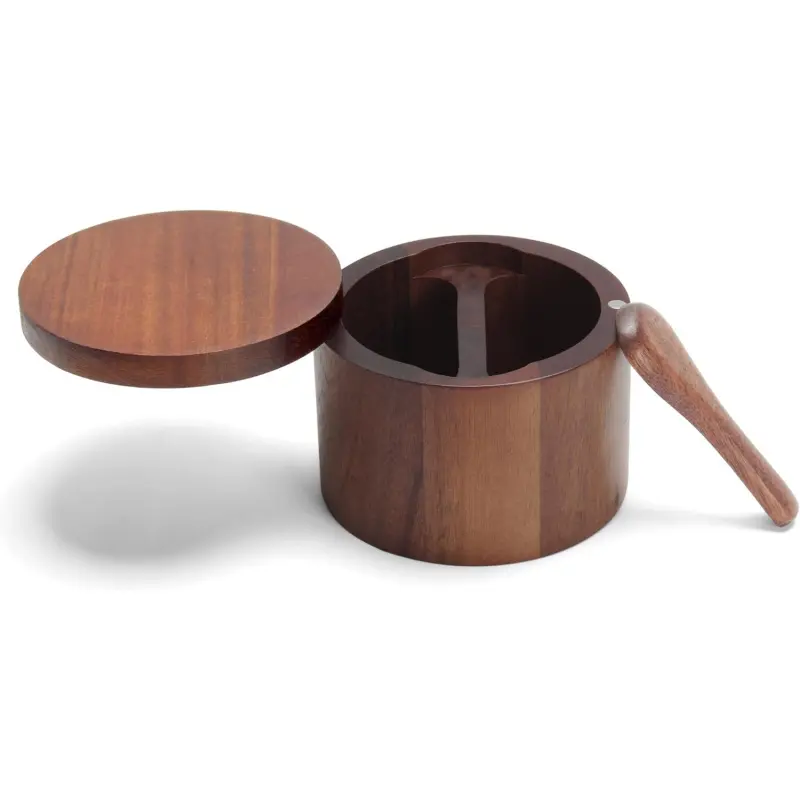 Salt Cellar with Spoon, 5oz Seasoning Containers with Magnetic Lid, Small Acacia Salt Containers for Countertop, Salt Bowl for Kitchen