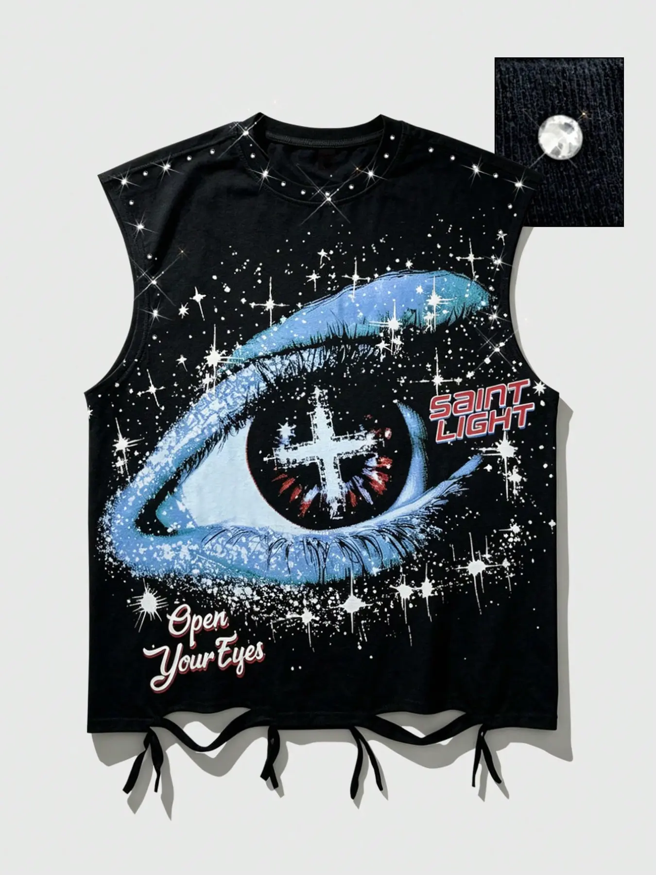 Vintage Rhinestone Sleeveless Vest, Unisex Starry Eye Cross Print, Y2K Subculture Loose Fit, Summer Streetwear Breathable Top
