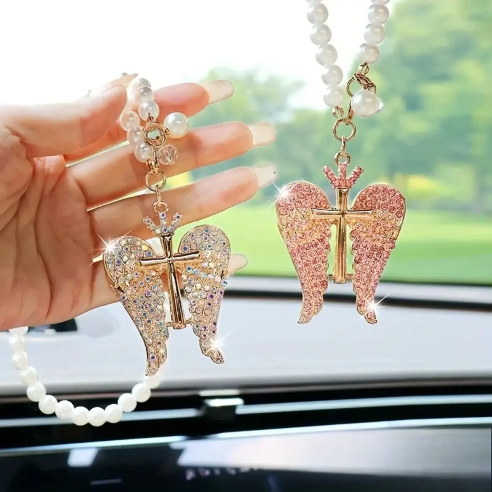 Creative Diamond-Encrusted Crown Angel Car Charm, Exquisite Angel Wings Rearview Mirror Hanging Decoration, Cars Accessories, Car Charms