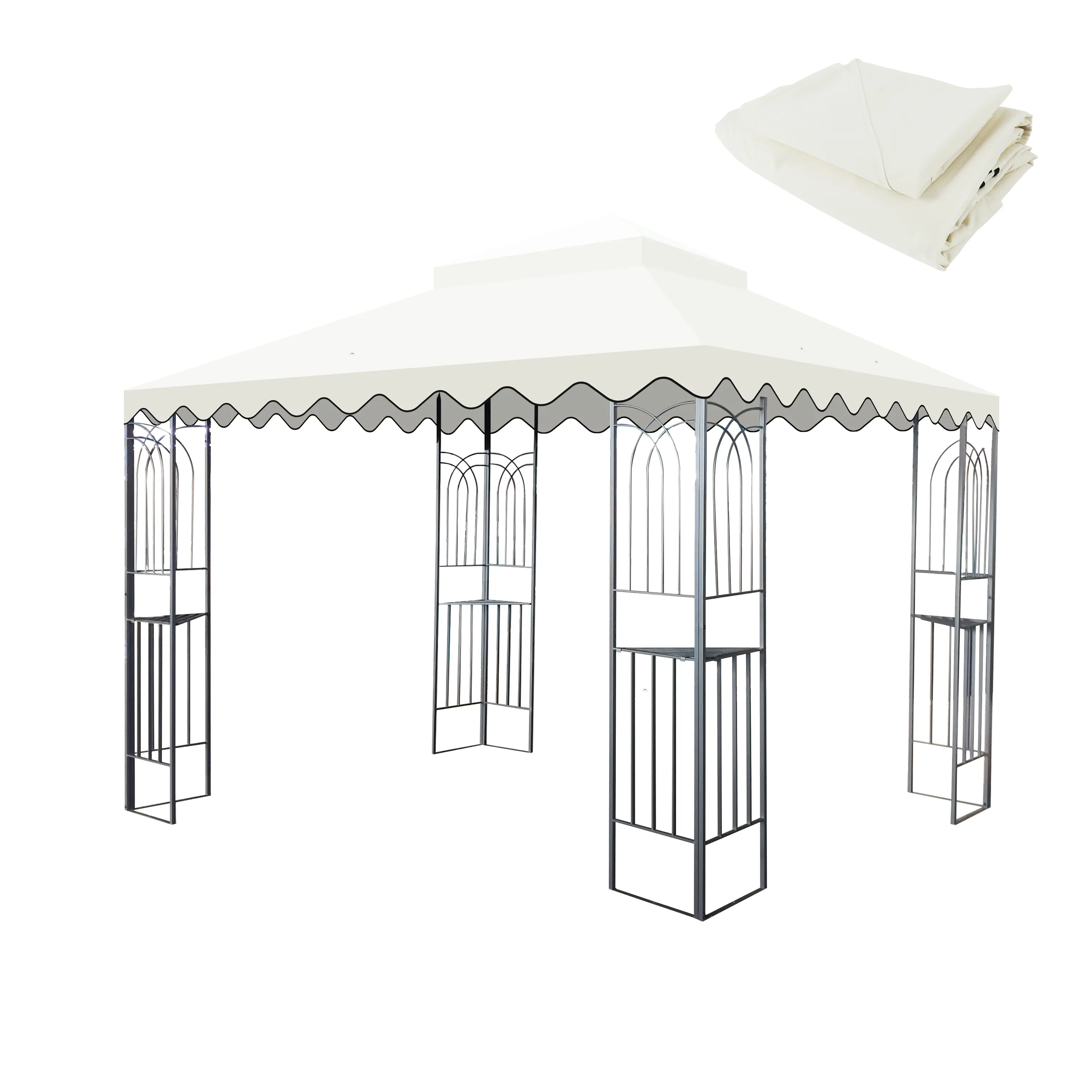 ARCH 10x10 Ft Outdoor Patio Gazebo Replacement Canopy Top Cover Only, Double Tiered Roof with Wavy Border, Beige Fabric, UV Protection Water Repellent Fade Resistant, Mosquito Netting & Drain Holes, Frame Not Included, Beige Color Options