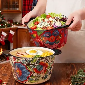 Giant Bohemian Hand-Painted Ceramic Bowl with Rim & Handle - Extra-Deep Round Suitable for Soup, Salad, Snacks, Ice - Microwave, Dishwasher & Oven Safe Suitable for Home Kitchen, Family Serving Dish, Christmas Gifts