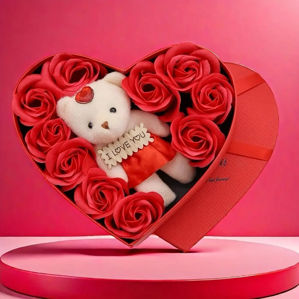 Heart-Shaped Romantic Soap Rose & Bear Gift Set – 10 Soap Roses with Plush Bear in Decorative Box, Ideal for Valentine’s Day, Weddings, Birthdays, Anniversaries & Mother’s Day (Engagement Gifts, Bath Favors/Bridal Shower Gifts)