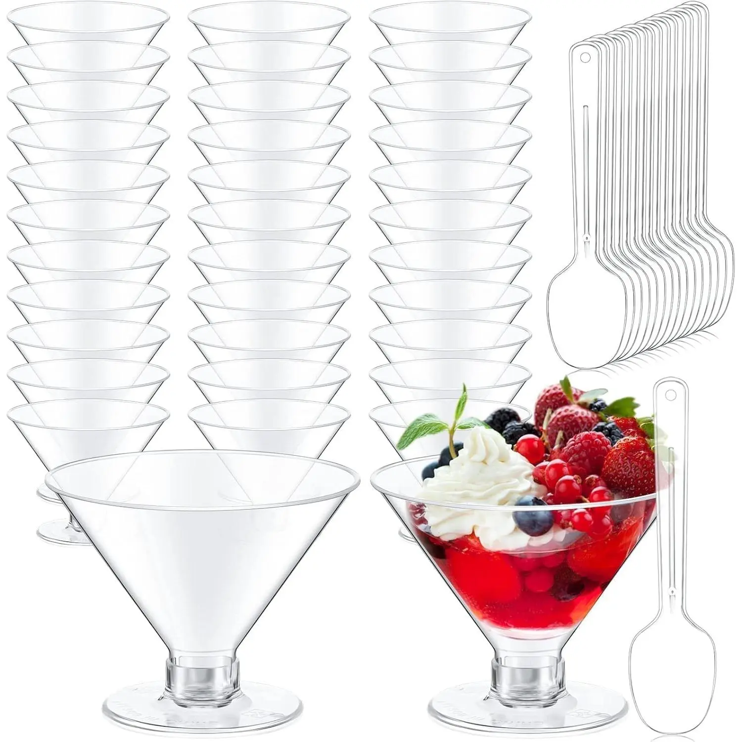 5 oz Transparent Disposable Plastic Martini Glasses Set - 25 Cups & 25 PVC Spoons, Unbreakable for Weddings, Parties, Wine, Desserts, Food Service (Kitchenware Tableware)