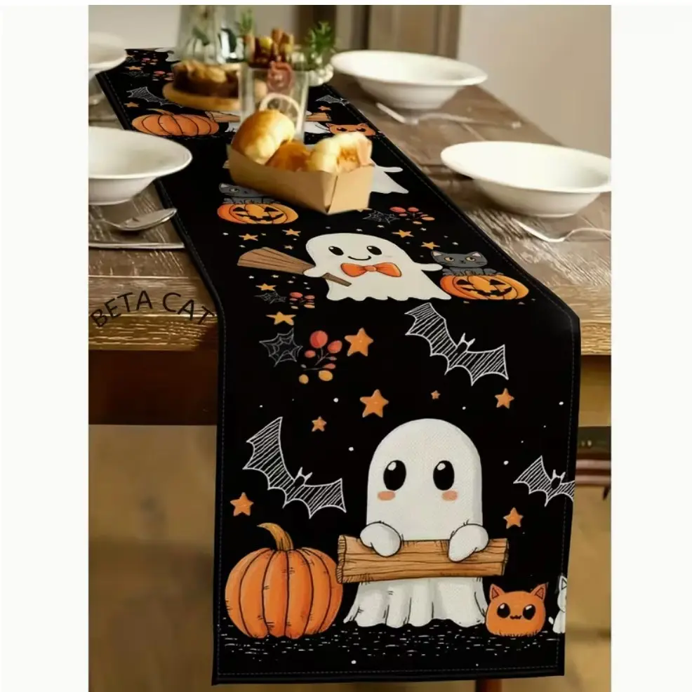 1pc Halloween Table Runner - Cute Little Pumpkin Design with Bats, Jack-O'-Lanterns & Spiders, for Festive Dining, Kitchen, Coffee Tables, Outdoor & Holiday Decor, Halloween Decorations