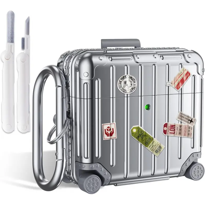 Creativity Compatible with AirPods 4 Case Cover, Funny Suitcase Design Case for Airpods 4th Generation 2024, Cute Fashion Protective Hard Case with Cleaner Kit & Keychain (Silver)