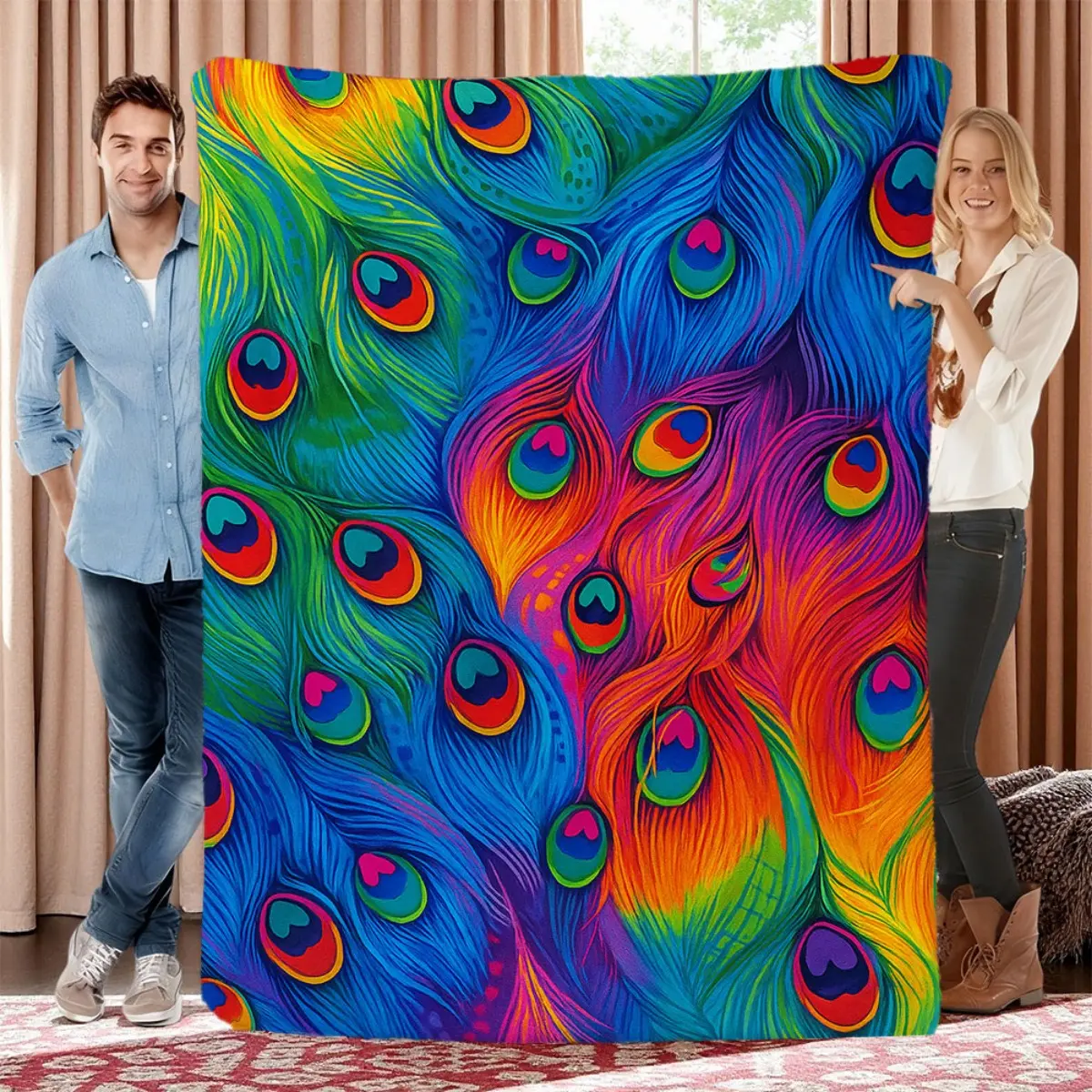 Soft And Reversible Flannel Throw Blanket Featuring a Colorful Peacock Feather Design, Suitable for All Seasons And Easy to Wash in a Machine. Ideal for Use on Beds, Sofas, During Camping, Or While Traveling, And Makes a Distinctive Gift Option