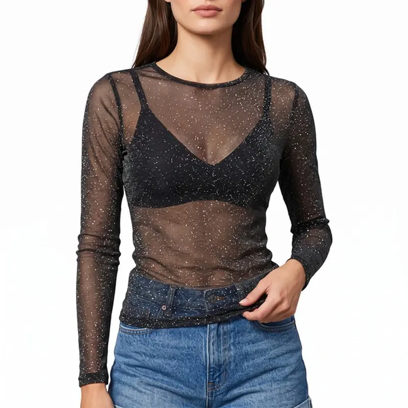 Sheer Mesh Tops for Women, Long Sleeve Shimmering Cropped Blouse with Neckline Options for Clubwear and Nights Out