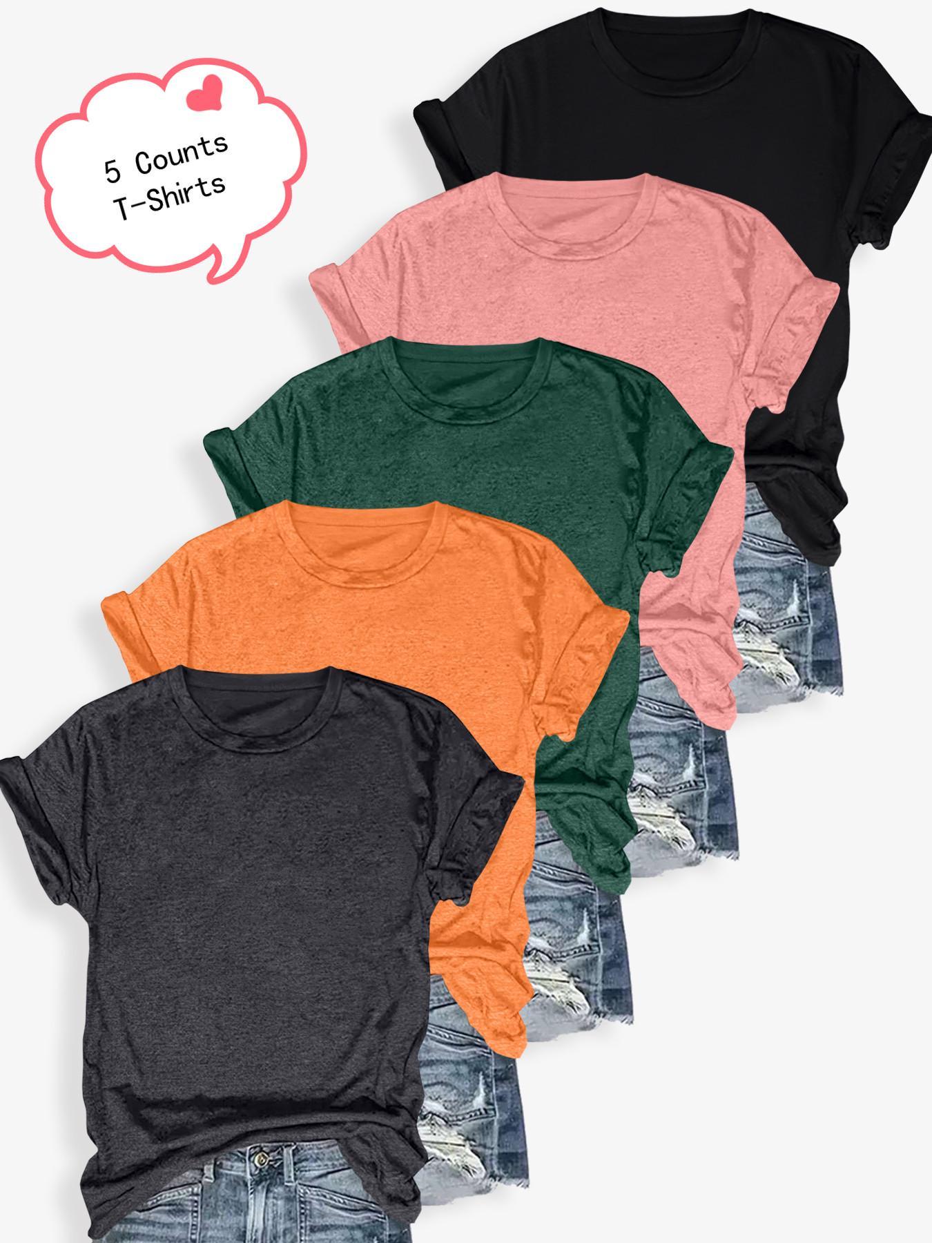 Women's Solid Color Round Neck Tee, Casual Short Sleeve Crew Neck T-shirt for Summer, Ladies Clothes for Daily Wear, Piece