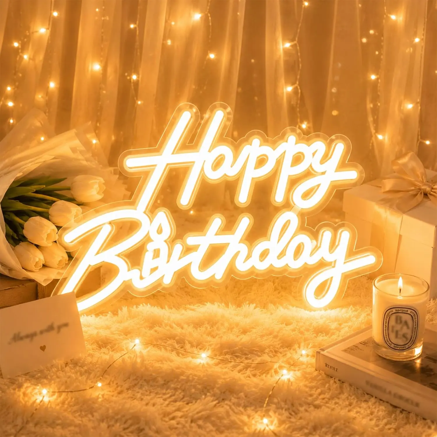 Happy Birthday Neon Sign for Wall Decor, Dimmable LED Happy Birthday Light Up Sign, USB  Warm White Happy Birthday Sign for Wall Mount, Birthday Party Decorations, Any Ages Celebration