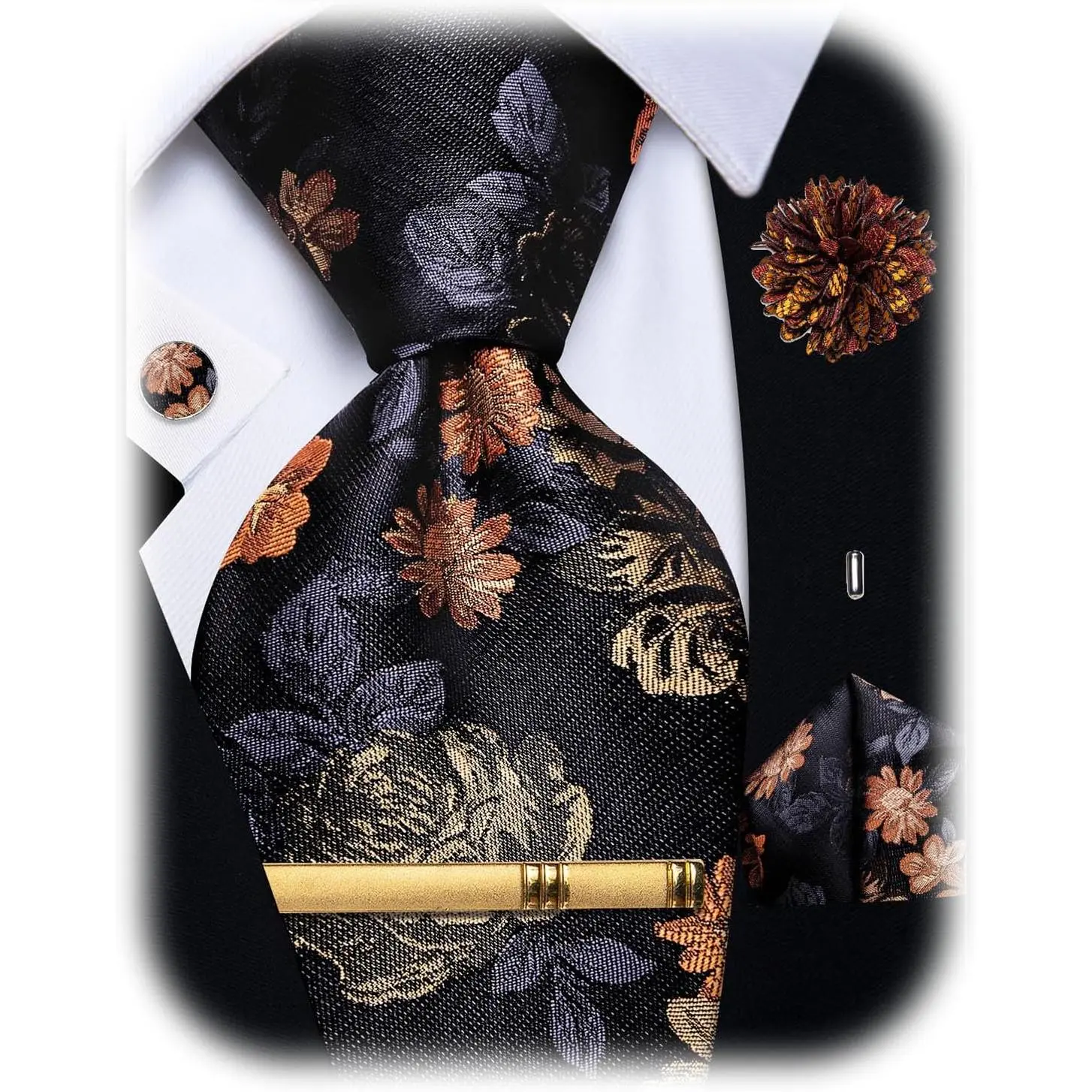 Silk Tie for Men Paisley Necktie Pocket Square Cufflinks Tie Clip Lapel Pin Brooch Set Wedding Business Party