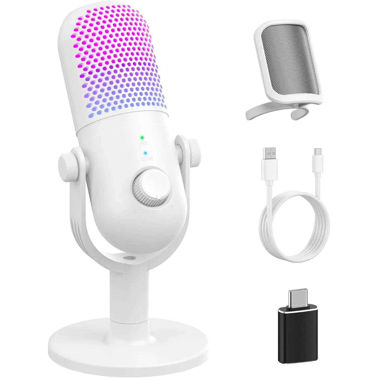 USB Microphone for PC Gaming: Condenser Microphone RGB for Gamer with Stand Mic - Recording Mic for &Laptop with Qiuck Mute - Desk Podcast Mic for Podcast & Singing & Streaming & Youtube White