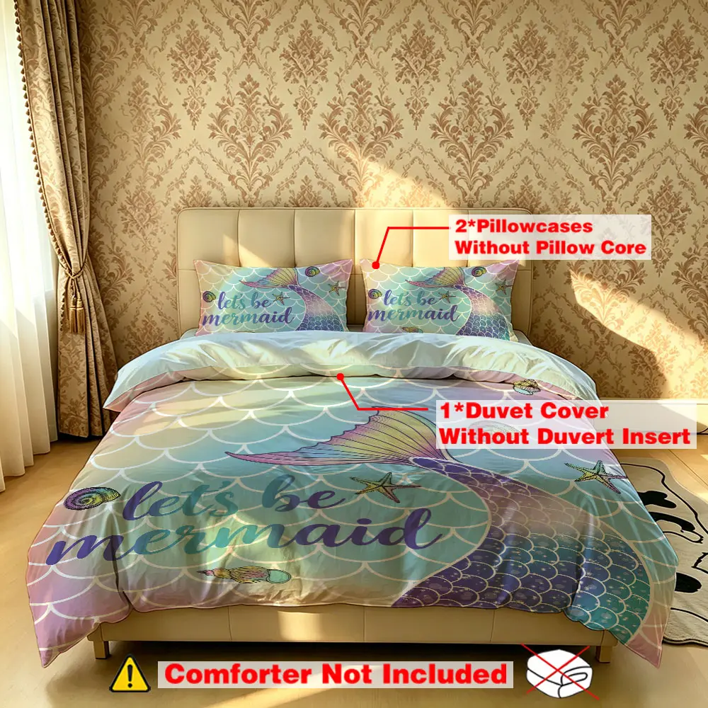 The 3-piece mermaid tail "Let's Be Mermaid" bedding set includes one duvet cover and two pillowcases, without fillings. It's soft and comfortable, suitable for single beds and double beds, and ideal for bedrooms, dormitories, and hotels.