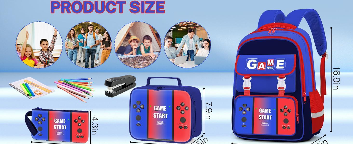 School Backpacks for Boys - 3PCS Gamer Boys Backpack with Lunch Box Set for Kids Teens, Multifunctional Bookbag for Elementary Middle School Students, 17″ Video Game Travel Bag Ages 6-18