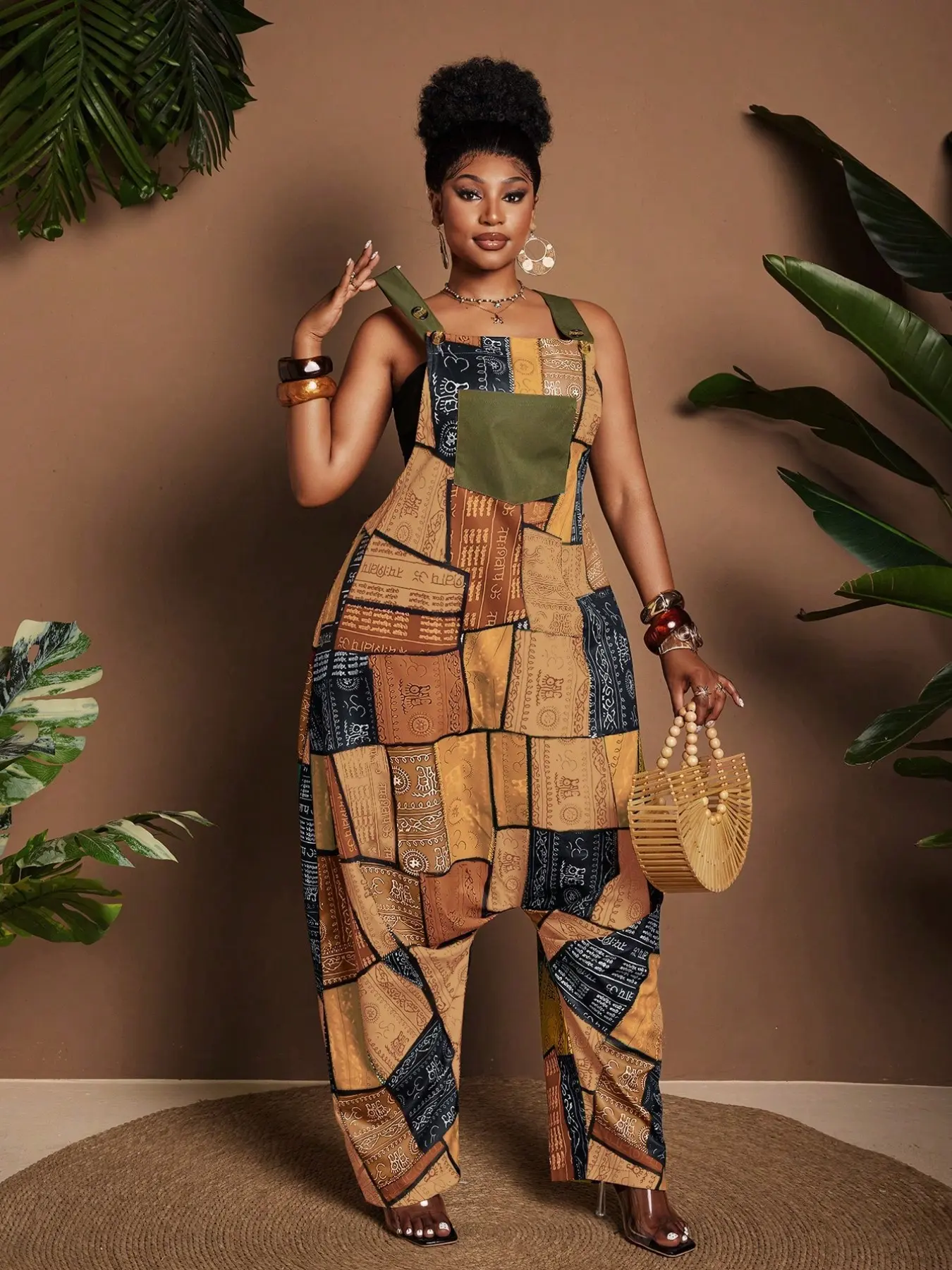 Women’s Patchwork Print Jumpsuit, Boho Style Slim-Fitting Overall, Loose Wide Leg Casual Romper, All over Print Clothing