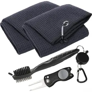 2026 New 4Pcs Golf Club Cleaning Kit - Black Microfiber Towel, Brush, Divot Repair Tool, Ball Marker - Complete Bag Accessory Hand Tools Set, Golf Equipment for Men’s Summer Outdoor Use