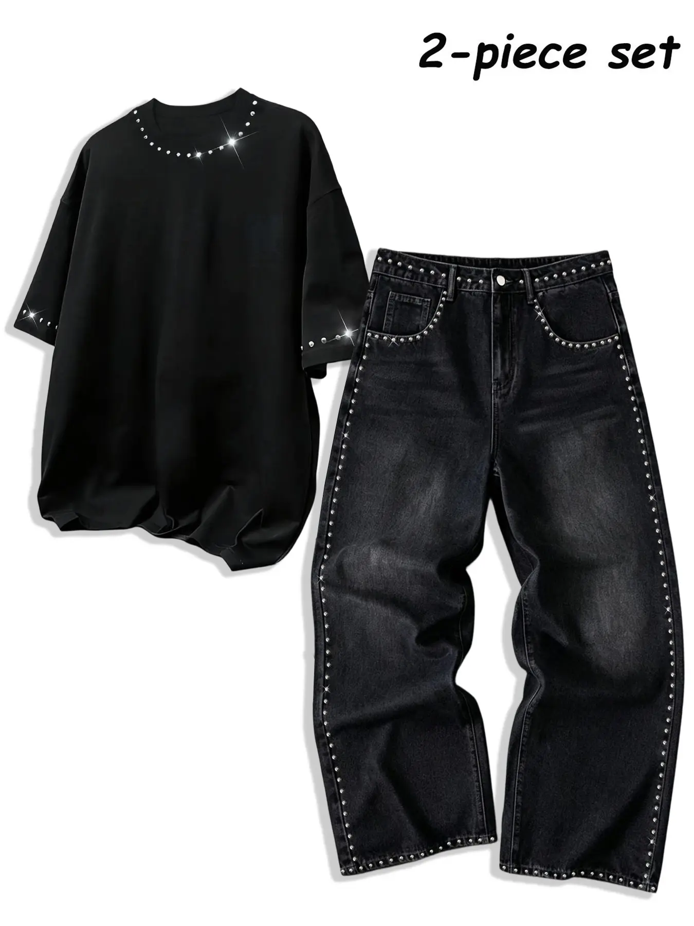 Men Women Couples American Streetwear Street Style Rivet Two-Piece Set, Short Sleeve T-Shirt & Rivet Wide Leg Jeans, Daily Wear, Street Photography, Date Outing