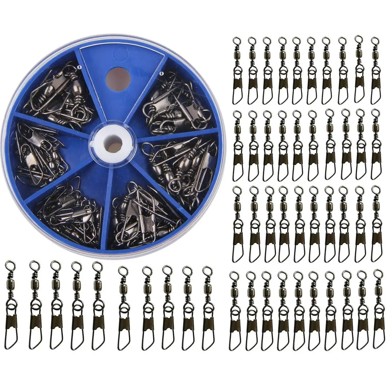 Barrel Swivel Snap Kit - 50 count Barrel Swivels with Safety Snaps High Strength Fishing Quick Connect Snap Swivels with Solid Ring Fishing Tackle Accessories Box Kit Size 4#,6#,8#,10#,12#,14#