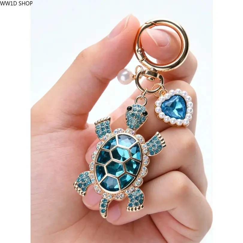 Rhinestone-Studded Turtle Keychain with Heart Pendant & Imitation Pearl - Onesize Fashion Costume Jewelry, Aesthetic Cute Kawaii Keychain Accessory, Automobile Bag Charm, Memorial Day Gift, Keychain Accessories