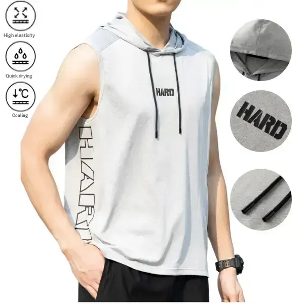 Men’s summer hooded sleeveless tank top—versatile trendy sports casual style with a drawstring hood and letter print design; suitable for gym training, outdoor activities, and everyday wear.