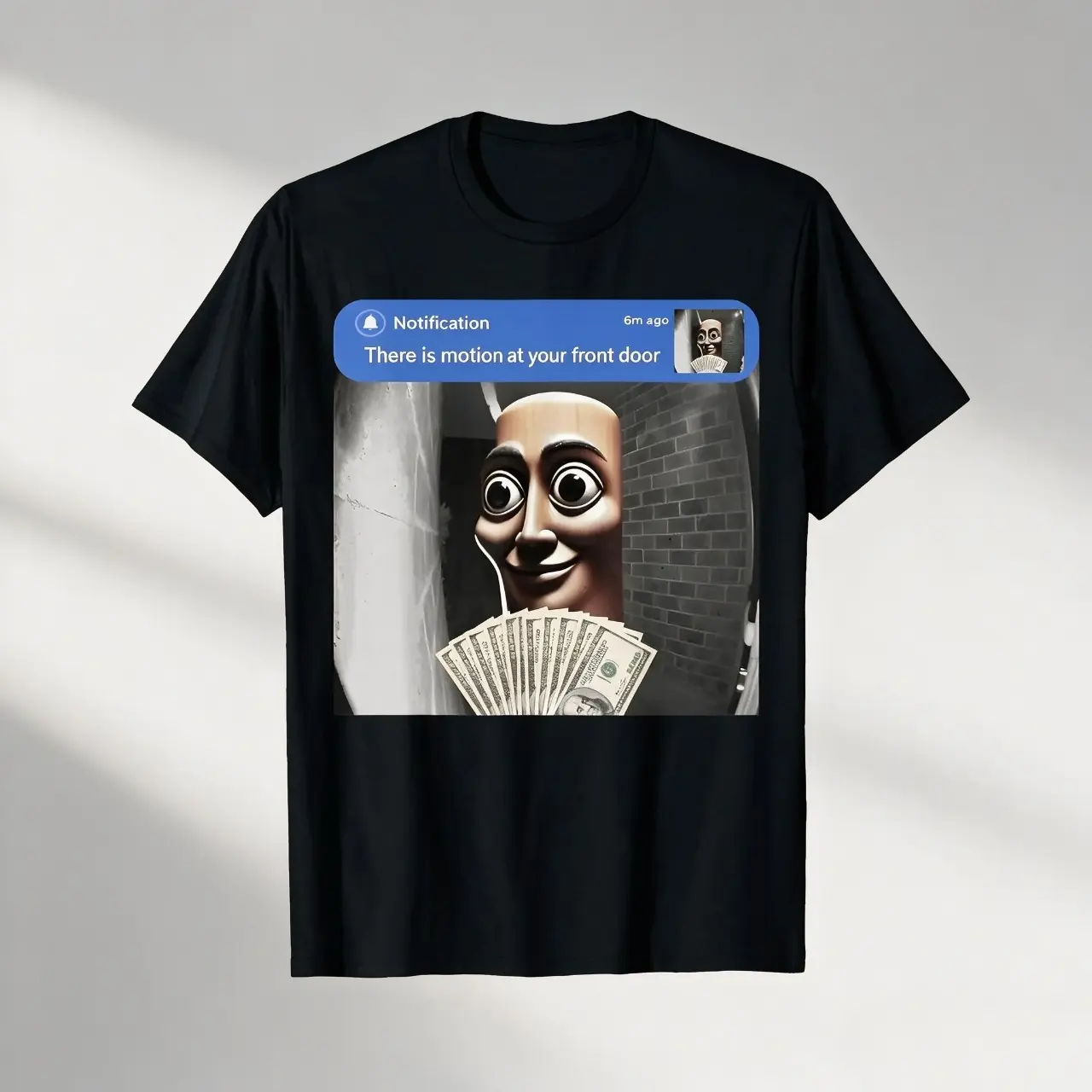 Funny There Is Motion At Your Front Door Meme T-Shirt, Viral Cartoon Ventriloquist Doll Cash Graphic Cotton Tee For Men Women Trendy Casual Streetwear Top