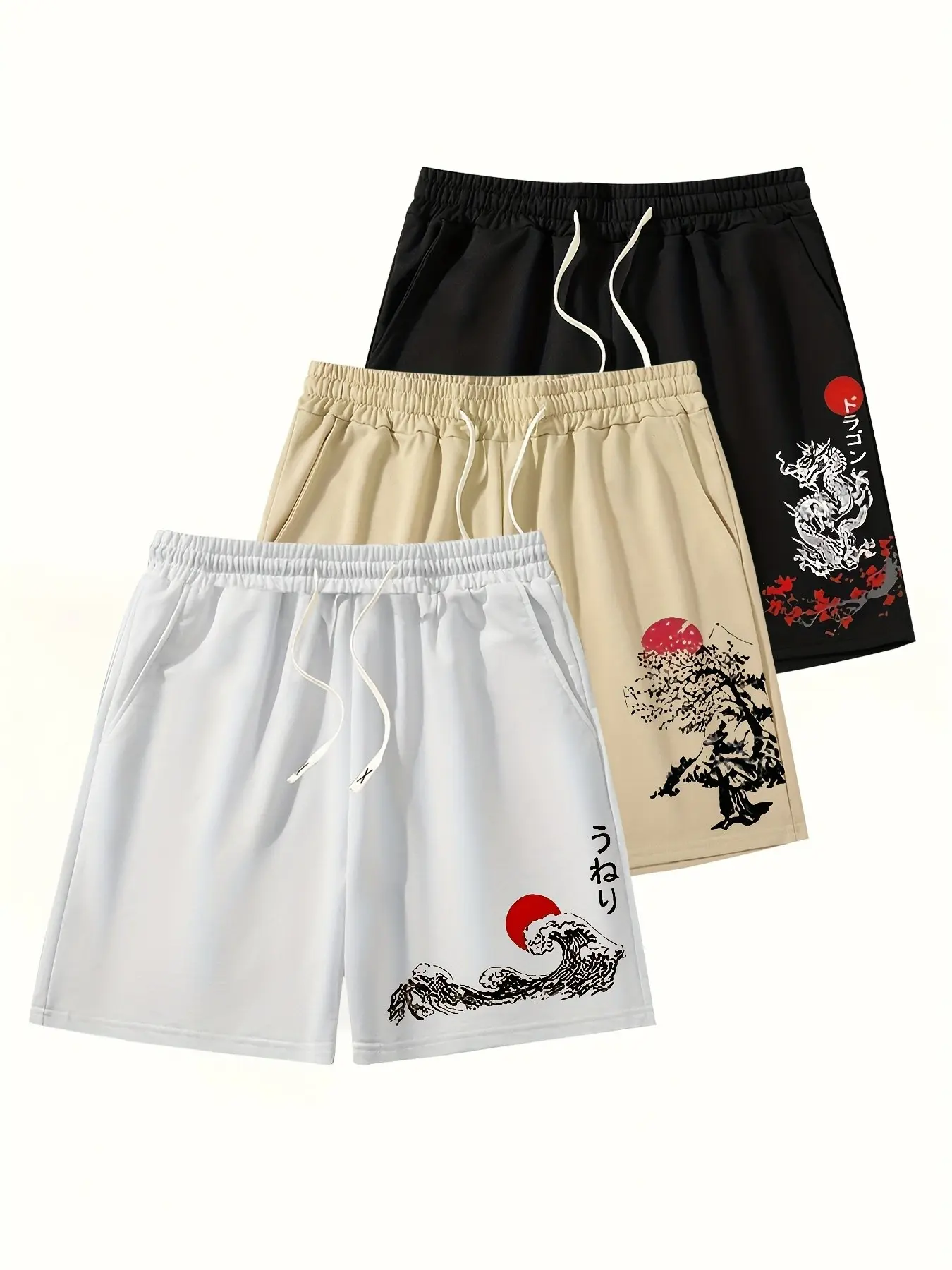 3-Pack Plus Size Men's Japanese Ukiyo-E Wave Dragon Samurai Side Print Loose-Fit Shorts, Casual Short Pants, All over Print, Lettuce Trim