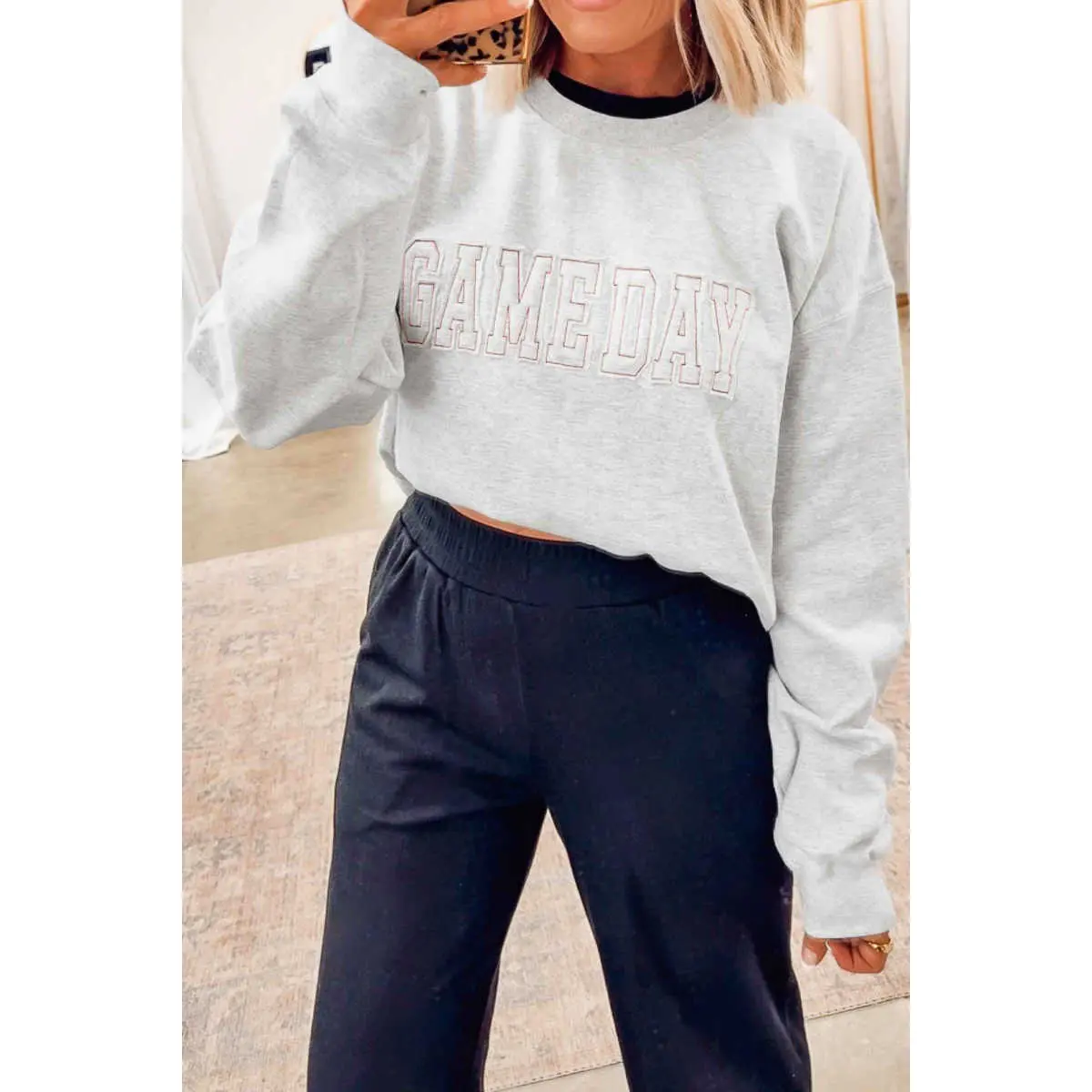 Light Grey Game Day Letter Embroidery Long Sleeve Round Neck Sweatshirt