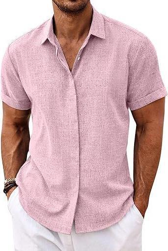 European and American Men's Linen Shirt Short-Sleeved Casual Button-Up Top for Beach Summer Vacation Menswear