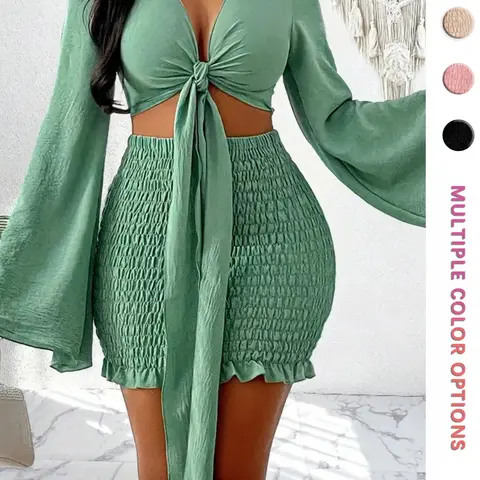 Women's Tie Waist Ruffle Bell Sleeve Short Top and Skirt Set, Fashionable Two-Piece Outfit Set Clothes