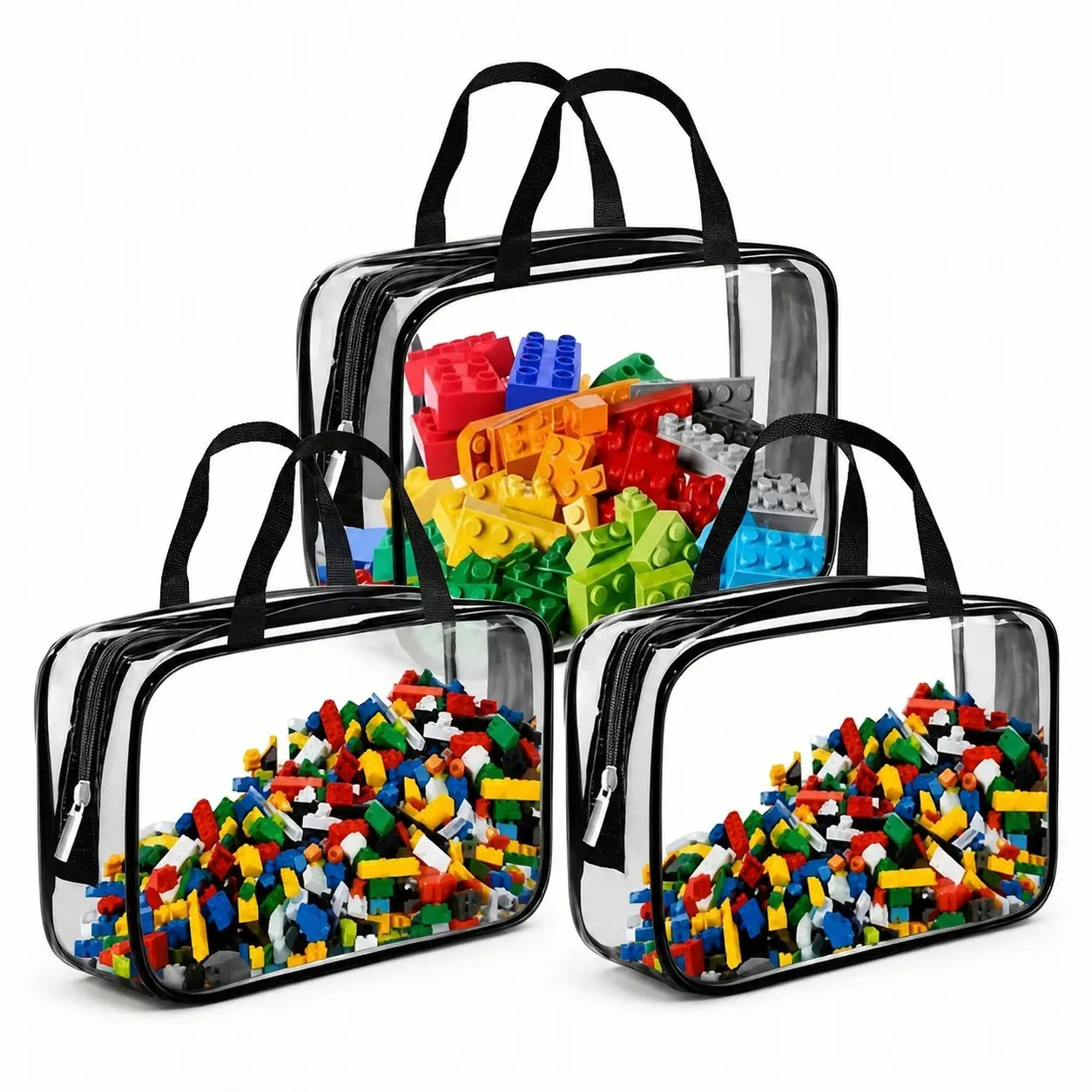 3-Pack Clear PVC Zipper Storage Bags, Waterproof Toy Bags for Board Games, Building Blocks and Kids Books, Plastic Storage Solution