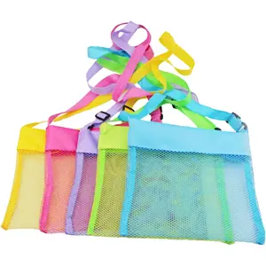 5-PCS Colorful Mesh Beach Bag Shell Collecting Bag Toy Holding Shells with Adjustable Carrying Straps Beach Bags for Kids (5-Pack)(Gift)