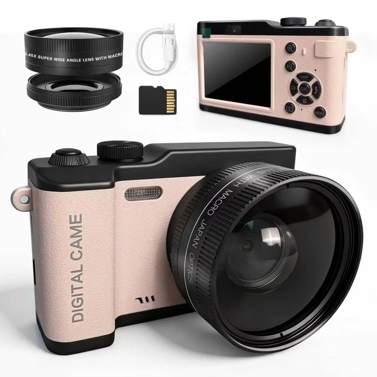 Digital Camera with Detachable Wide Angle Lens, Includes Camera Bag and Storage Card, Ideal Gift for Photography Beginners