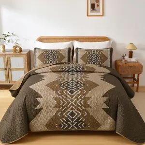 Brown Set Queen Size,3 Piece Boho Aztec Texture Bedspread Coverlet Set Reversible Lightweight Bedding Set Geometric Bohemian Bed Cover with 2 Pillowcases(Dark Brown,90"x96")