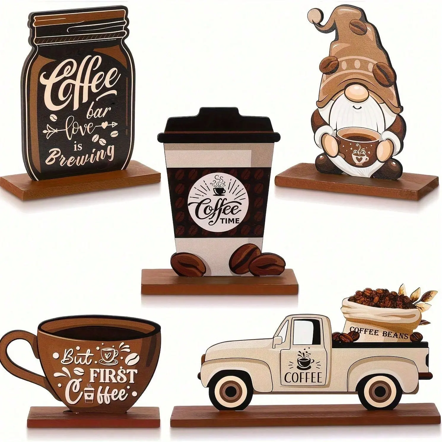 5pcs Rustic Wooden Coffee Bar Decor Set, Home Bar Decor, Fun Ornaments, Vintage Truck and Mason Jar Design, Perfect for Kitchen and Living Room, Thanksgiving Gift, Home Decor Gifts