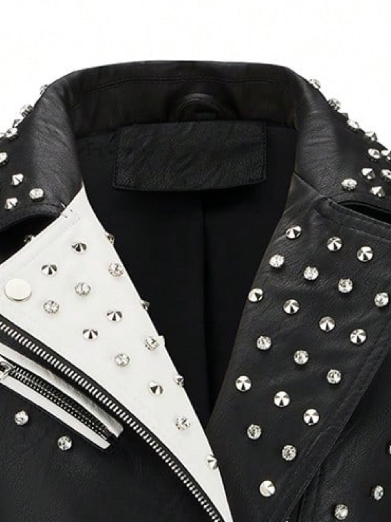 Women's Spring Autumn Jacket with Belt, Casual Vintage Simple Motorcycle Jacket, Rivet Coat with Pockets and Asymmetrical Zipper, Zip Front Jacket